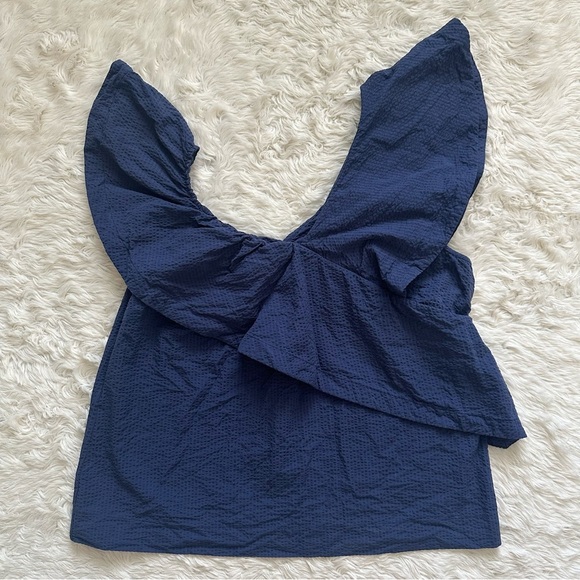 Cuyana Seersucker Flounce Top 100% Cotton Ruffle Asymmetrical Textured Blue Sz L - Picture 4 of 12